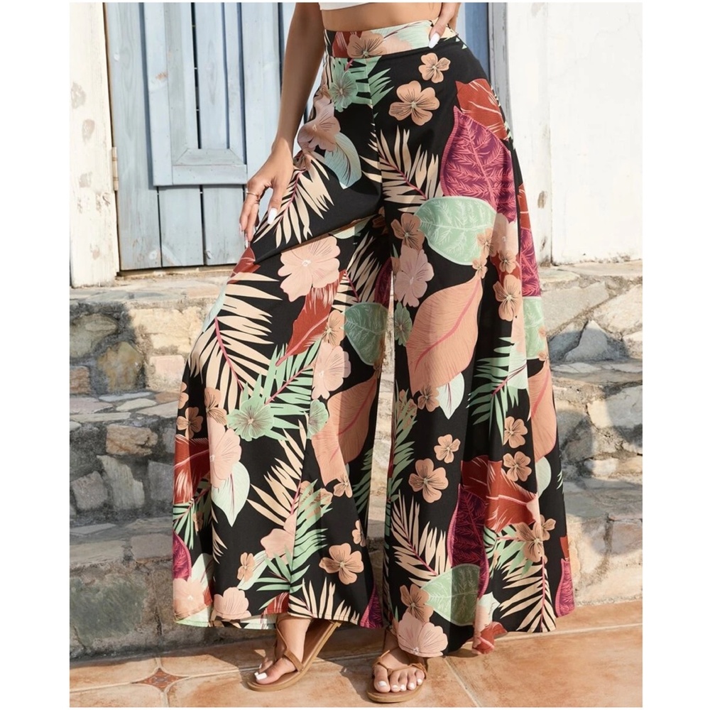 Boho Floral Tropical Print Wide Leg Palazzo Pants - Picture 8 of 8